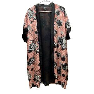 Forever 21 Open Front Kimono Top Women's Large Red Black Floral Lightweight GUC